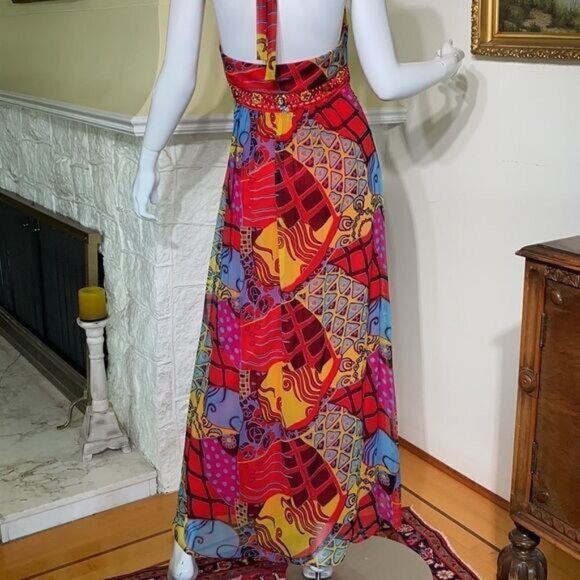 Sue Wong Beaded Printed Silk Chiffon Maxi Dress - Picture 6 of 11